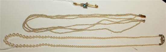 Two seed pearl necklaces, one with diamond-set clasp & bar brooch with turquoise & gem-set fly (a.f)